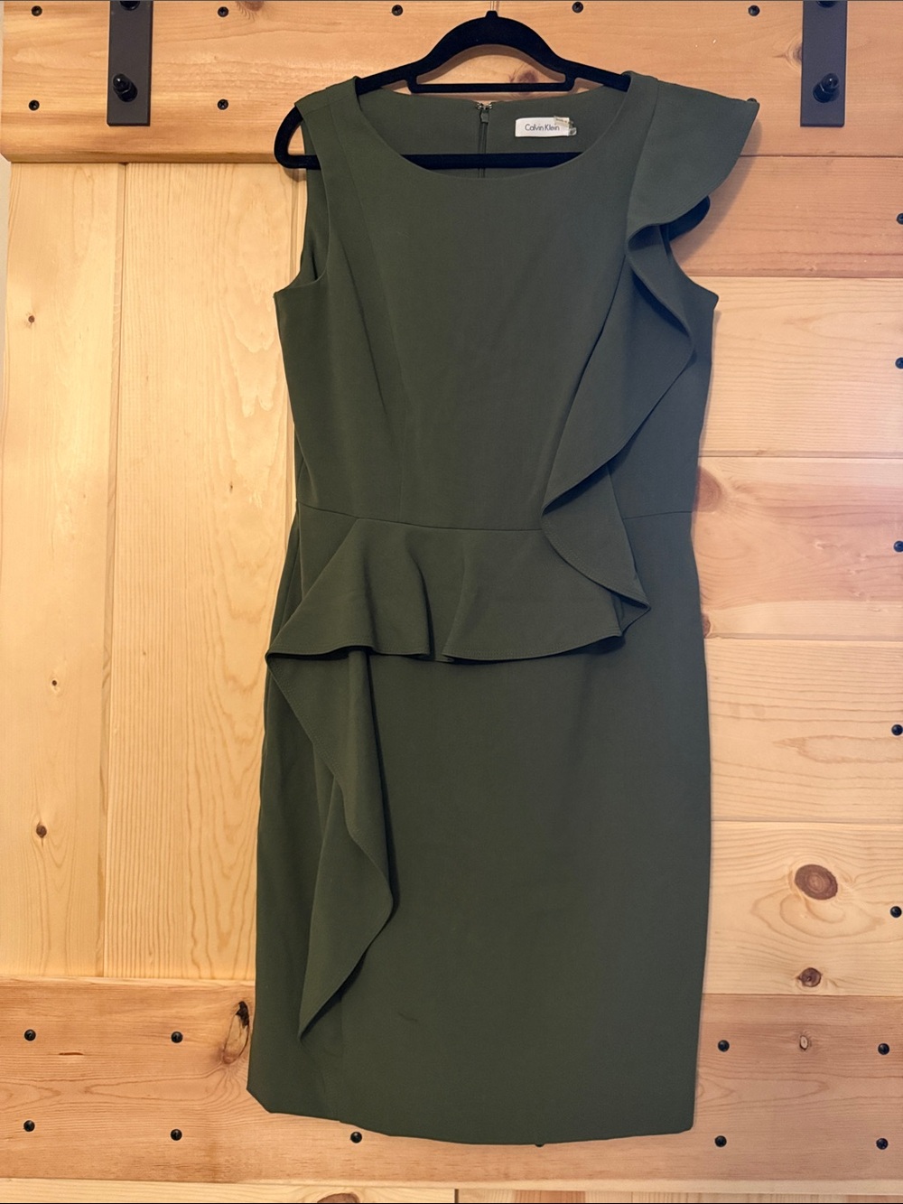 Calvin Klein Olive Ruffle Midi Sheath Dress - Picture 2 of 5